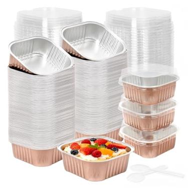 Imagem de DeziWood Pacote com 200 mini formas de bolo de champanhe quadradas de 293 ml com tampas, mini formas de pão com tampas, copos quadrados de folha de alumínio para brownie de ramekins muffin cupcake