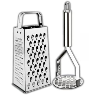 Imagem de Kit 3 Utensílios de Cozinha Inox – Amassador de Batata + Descascador de Legumes + Ralador Multiuso(1 RALADOR + 1 AMASSADOR)