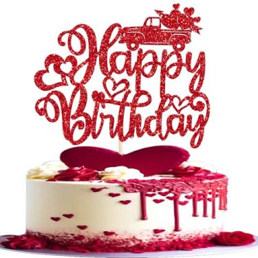 Imagem de 1 pacote com enfeite de bolo de coração feliz aniversário vermelho glitter doce amor dia dos namorados palitos de bolo para tema do dia dos namorados festa de aniversário decoração de bolos