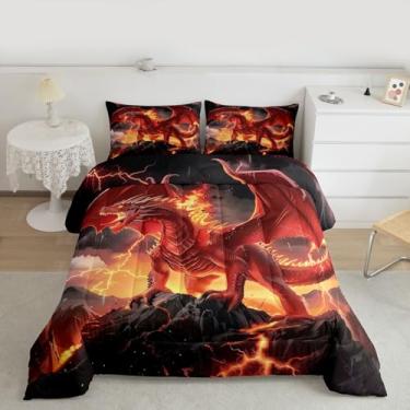 Imagem de Castle Fairy Conjunto de edredom de dragão tamanho king, vermelho chamas dragões, decoração alternativa para quarto de adultos, animais selvagens, estilo mágico, microfibra ultramacia, enchimento