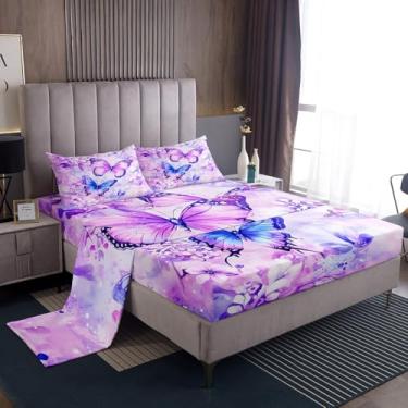Imagem de Feelyou Jogo de lençol casal infantil com borboleta, azul e roxo, borboleta, flor floral, 1 lençol com elástico + 2 fronhas + 1 lençol de cima