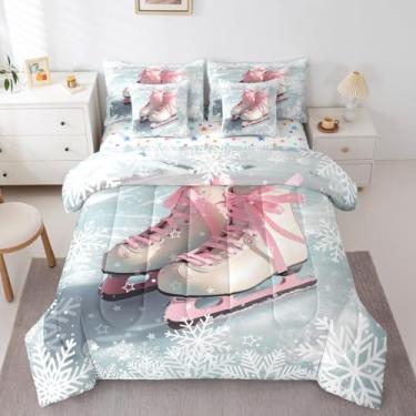 Imagem de Manfei Conjunto de cama casal de patinação no gelo, 7 peças, conjunto de edredom com estrelas de floco de neve para crianças, conjunto de cama com laço rosa e gravata borboleta em uma bolsa com