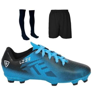 Imagem de Chuteira Campo Costurada + Short + Meião - Uzze Calçados, Celeste, 35