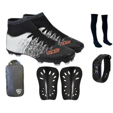 Imagem de Chuteira Campo Botinha UZ Cravo Adulto + Caneleira + Meião + Relógio +
