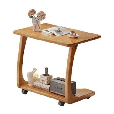 Imagem de VZQJHKMPXFS Mesa lateral de madeira maciça em forma de C com rodas de bloqueio - mesa móvel para sofá e espaços pequenos - Bandeja de TV perfeita para sala de estar (acabamento natural) (natural)