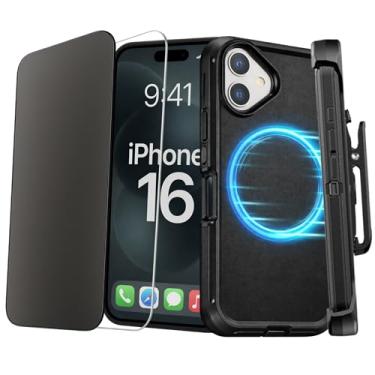 Imagem de Capa robusta para iPhone 16 com proteção de camada tripla Inclui coldre de clipe de cinto de 360° com suporte, compatível com MagSafe, protetores de tela elevados, 1 pacote (1x transparente + 1x