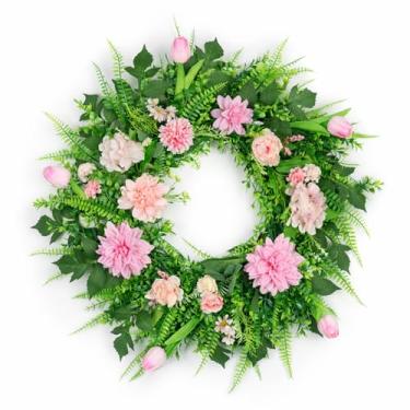 Imagem de Guirlandas de primavera para porta da frente, guirlanda artificial de eucalipto de 61 cm com tulipas, dálias, globo de flores, hortênsias, peônias para decoração de festas de casa de fazenda e