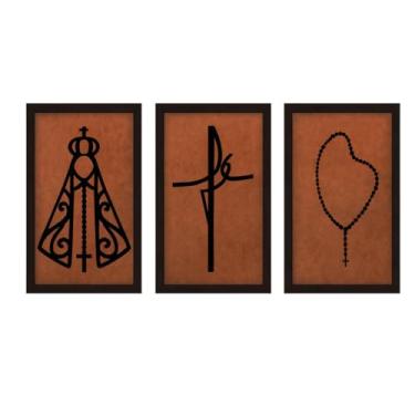Imagem de Universo do MDF Trio de Quadros Religiosos em MDF, Nossa Senhora Fé e Terço, 40x20 cm, Preto com Marrom, Decoração Espiritual, 3 Peças