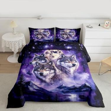 Imagem de Feelyou Conjunto de cama macio para meninos e meninas, galáxia noturna, lobo estrelado, conjunto de edredom Queen Size animais selvagens, edredom de microfibra e lua de montanha, decoração de quarto