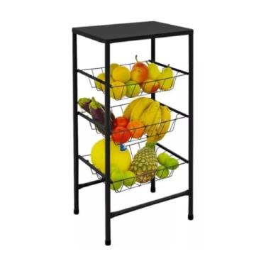 Imagem de Fruteira de Aço com 3 Cestos e Pés Emborrachados – Suporte para Filtro e Galão de Água(Preto)