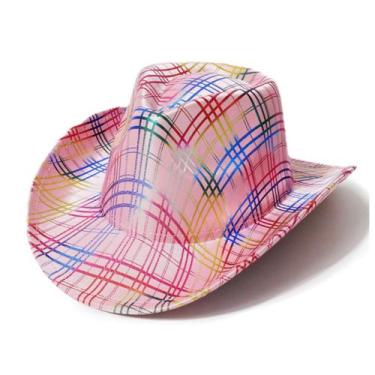 Imagem de Chapéu de cowboy com padrão de linha arco-íris, composto de EVA, jeans