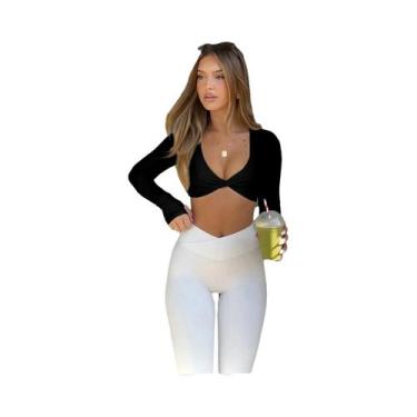 Imagem de Camiseta Cropped Feminina De Manga Longa Com Detalhe Torcido E Abertur