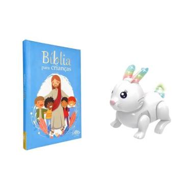 Imagem de Kit Bíblia Azul Infantil Ilustrada + Coelho Pula Pula com Som e Luz Es