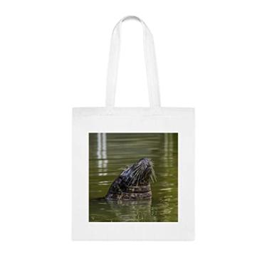 Imagem de Sacola de animais do zoológico com selo nadando na água, presente divertido, bolsa de ombro, bolsas reutilizáveis, ideia de presente de cesta de Natal de aniversário, Branco