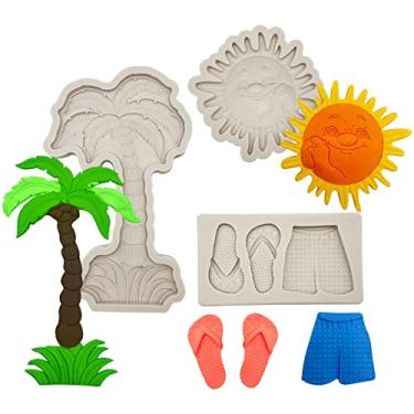 Imagem de 3 Pcs Hawaiian Coconut Tree Fondant Molds, Seaside Beach Sun Silicone Molds, Slipper Surf Shorts Clay Mold for Cake Decorating, Candy Chocolate Marzipan Resin Crafts, Summer Party, Halloween