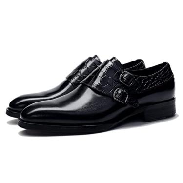 Imagem de Sapatos Oxford masculinos sem cadarço com alça dupla Monk crocodilo com relevo bico redondo couro de vaca cano baixo solado de borracha antiderrapante casual (Color : Black, Size : 38 EU)