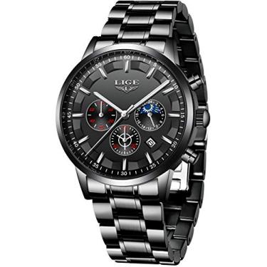 Imagem de LIGE Relógios Moda Masculina Negócios Preto Aço Inoxidável Relógio de Pulso Quartzo Analógico Masculino Cronógrafo Luxo Impermeável Elegante Clássico Casual Data Relógio de Mostrador
