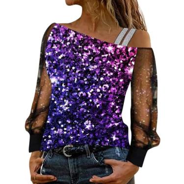 Imagem de Elogoog Camisas de Dia dos Namorados para mulheres, sexy, ombros de fora, manga comprida, casual, tamanho grande, pulôver, camiseta com estampa de coração, Roxo - 10, M