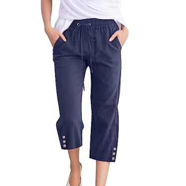 Imagem de Lainuyoah Calça de linho cropped feminina Petite cordão cintura elástica perna larga calças cortadas 3/4 calças com bolsos, Azul-marinho, XXG