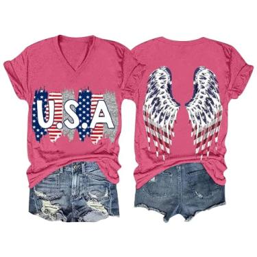 Imagem de Camisetas femininas de 4 de julho com estampa de asas da bandeira americana túnica gola V túnica dia da independência blusa listras estrela, rosa, XXG