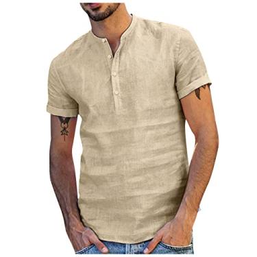 Imagem de Camiseta masculina de linho com gola V para outono verão manga curta básica camiseta masculina 2024 Y2K, Q-491 cáqui, 3G