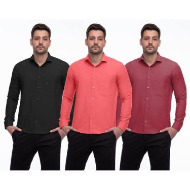 Imagem de Camisa Social Masculina Manga Longa Lisa Punhos Kit 3 Verde/Azul GG - 