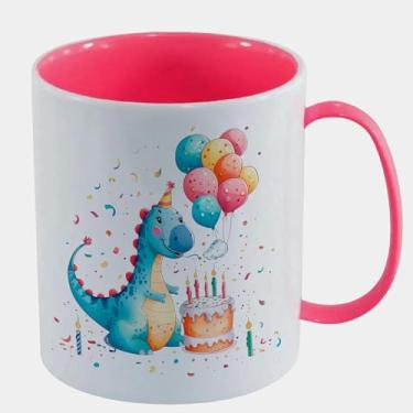 Imagem de Caneca Branca com Interna Pink de Polímero 325ml - DINOSSAURO AZUL ANIVERSARIO BOLO