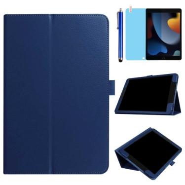 Imagem de Capa para iPad de 10,2 polegadas 2021/2020/2019 (iPad 9ª/8ª/7ª geração), capa protetora completa com suporte dobrável de couro fino, com caneta Stylus, película de tela (azul escuro)