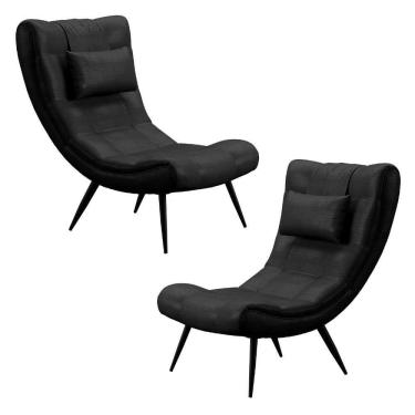 Imagem de Kit 2 Poltronas Decorativas Sala De Estar Com Almofada E Pés Palito Lord Facto Dunas Preto - Ibiza