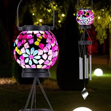 Imagem de VOREEN Sinos De Vento Solares Para Áreas Externas, Lanterna À Prova D'Água Com Luz Mosaico Vidro, Presente Mãe, Decoração Janela, Pátio, Varanda, Flores E Abelhas, 29" Rosa
