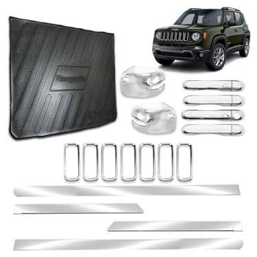 Imagem de Friso Lateral Largo + Apliques de Maçaneta P/Keyless + Retrovisor P/Pisca + Protetor de Porta-Malas + Aplique para Grade Dianteira 4 Portas Adaptável para Renegade 2015 2016 2017 2018 Kit Cromado