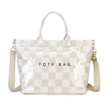 Imagem de GISMTR Bolsa grande de PVC para mulheres com impressão de letras, bolsa de ombro de papel kraft para trabalho e viagens, Xadrez cáqui e branco