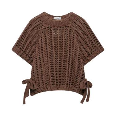 Imagem de Suéter Feminino De Tricô Grosso Cropped Com Gola O, Manga Curta, Detal