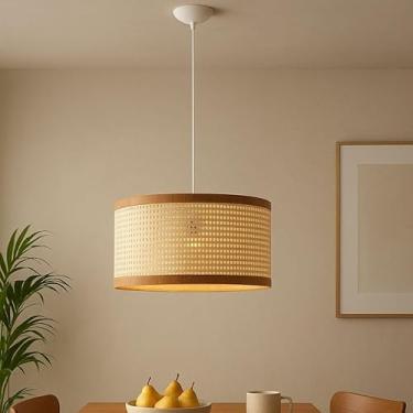 Imagem de Luminária Pendente Lustre de Teto Tela Rattan Redondo Decorativo Sala de Estar Cozinha Área Gourmet (Branco)