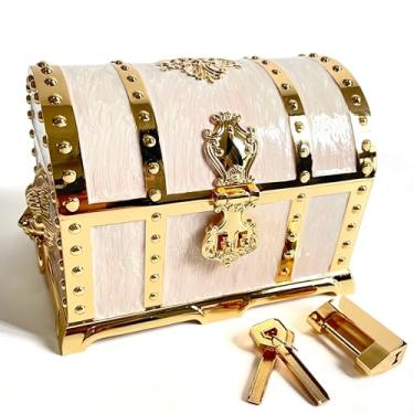 Imagem de KiteStar Grande baú de joias de metal retrô de camada dupla, estilo pirata, caixa de tesouro em relevo de cabeça de leão com cadeado para armazenamento de joias femininas (pintura a óleo branco