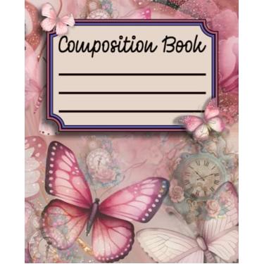 Imagem de Enchanted Wings: Watercolor Boho Butterfly Composition Notebook with Pink Marbled Background and Fairy Floral Clocks: Wide ruled notebook for butterfly lovers