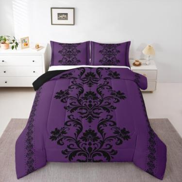 Imagem de jejeloiu Conjunto de cama solteiro com estampa de damasco preto e roxo para crianças, meninos, meninas, gótico, vintage, jacquard floral, edredom para decoração de quarto, microfibra leve e macia, 2