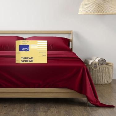 Imagem de THREAD SPREAD Jogo de cama Queen Size 100% algodão egípcio – Conjunto de lençóis de 4 peças de algodão egípcio 600 fios para cama queen size (bordô), macio, refrescante, lençol de cetim com bolso