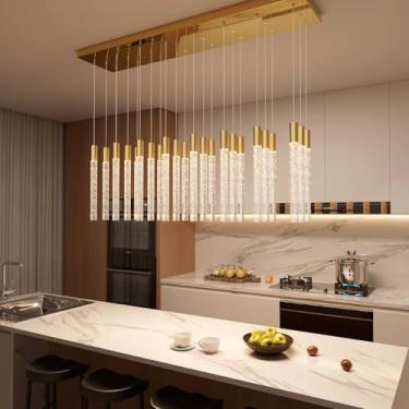 Imagem de WOSOHYUN Lustre moderno de cristal dourado 24 luzes – Luz pendente retangular de LED com cristais cilíndricos para escada, sala de estar, hall de entrada, corredor, quarto