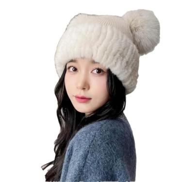 Imagem de Chapéu de pele feminino estilo doce chapéu de malha de pele adornado bola de pele de pelúcia bege tamanho único