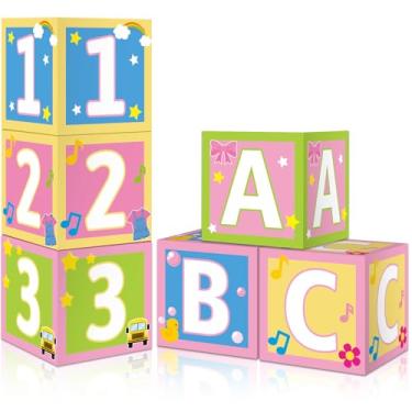 Imagem de 6 peças de decorações de festa para meninas, 30,5 cm, caixas de centro de mesa para professores de inglês, caixa de centro de mesa para professores de inglês, ABC, 123, caixa para crianças