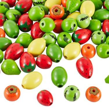 Imagem de Craftdady 80 peças de contas de madeira tema fruta morango limão maçã contas de madeira espaçador de madeira europeu furo de contas soltas 4-5 mm para fazer joias, decoração pulseiras, artesanato DIY