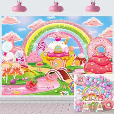 Imagem de Candyland Banner de fundo de castelo arco-íris de desenho animado para crianças, chá de bebê, aniversário, decoração de festa Candyland cabine fotográfica (20 x 1,8 m)
