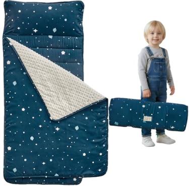 Imagem de Tapete de cochilo infantil com travesseiro removível e cobertor de lã Minky, tapete de cochilo enrolado extragrande, sacos de dormir para meninos, tapete de dormir infantil para creche, jardim de