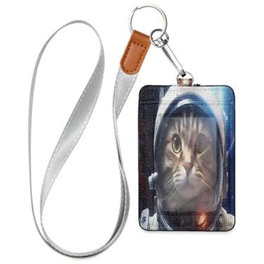 Imagem de Wassud Gato astronauta (2) cordões de couro PU para crachás de identificação, porta-chaves, porta-crachás, cartões de crédito para escritórios, funcionários, estudantes, funcionários