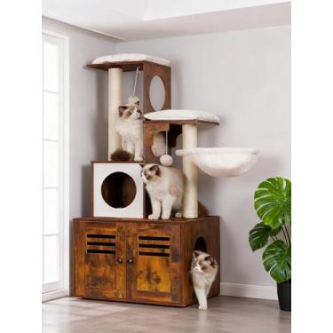 Imagem de Heybly Árvore para gatos, caixa de areia de madeira com estação de alimentação, móveis internos multifuncionais para gatos com plataforma grande e condomínio, estilo moderno, rede, marrom rústico