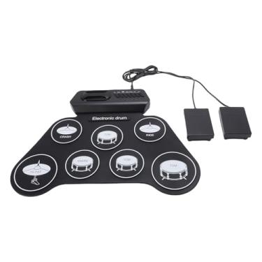Imagem de Asixxsix Conjunto de Bateria Eletrônica, Bloco de Prática de 7 Tambores Com Entrada para Fone de Ouvido, Máquina de Kit de Bateria Enrolada de Silicone Com Alto-falante Embutido, (Versão preto e