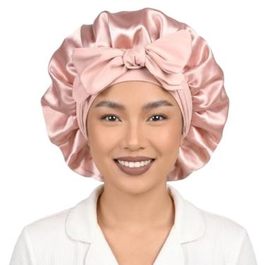 Imagem de Touca de dormir forrada de cetim para mulheres – gorro com faixa ajustável para cabelos cacheados e naturais