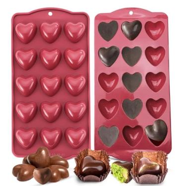 Imagem de Pacote com 2 moldes de silicone em forma de coração, antiaderentes de 15 cavidades e flexíveis para chocolates, doces, gomas e cubos de gelo