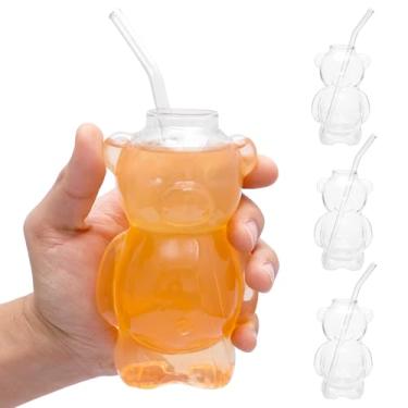 Imagem de Copo de ursinho de pelúcia, copo de vidro de urso fofo de 320 ml/306.2 g com palha, copo de café com ursos de mel, caneca em forma de vidro de borossilicato para cerveja, vinho, coquetéis, copos e